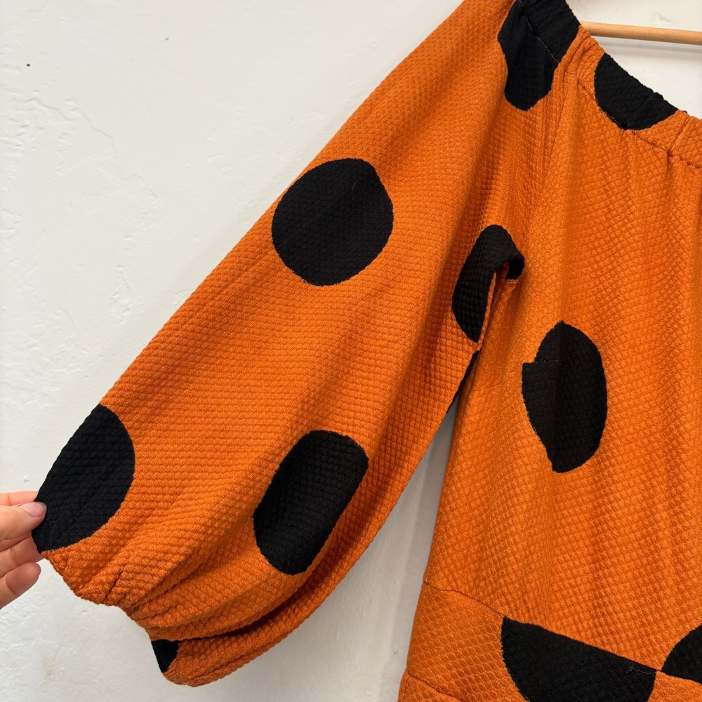 Farm Rio Anthropologie Polka Dot Wide Leg Jumpsuit Medium Orange Black New FLAW - Picture 8 of 16